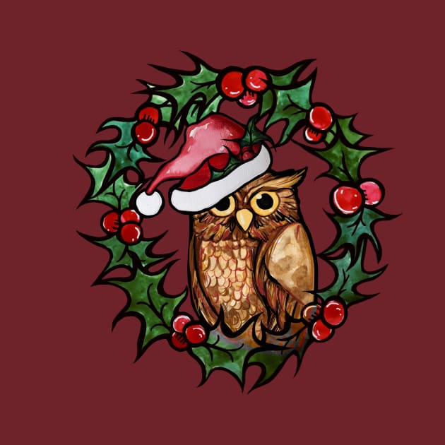 Christmas Owl With Cute Santa Hat and Wreath by bubbsnugg