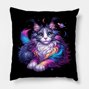 Colorful Maine Coon Cosmic Cat in Stars Pillow