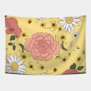 Delicate Hand-Sketched Flowers: Vintage Wallpaper with Daisies and Roses on Yellow. Tapestry