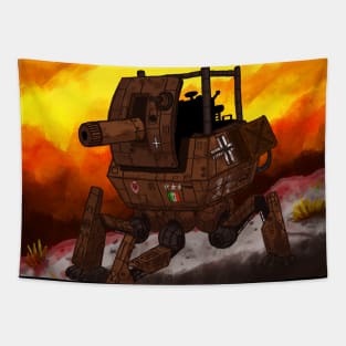 german mech tank. ww2 steampunk painting. walking panzer. Tapestry