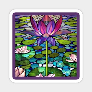 Stained Glass Lotus Flower Among Lily Pads Magnet