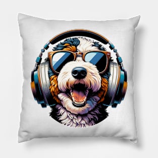 Mini Bernedoodle Smiling DJ in Japanese Art Style Pillow