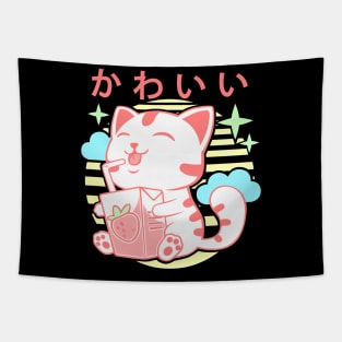 Kawaii Aesthetics Japanese Strawberry Milk Shake かわいい Cat - Pink - Strawberry Milk Tapestry