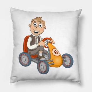 Happy boy on a pedal car illustration Pillow