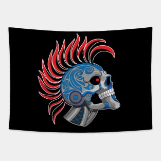 Tattooed Robot Skull with Red Mohawk Tapestry