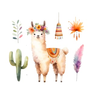 Llama Watercolor Painting Alpaca Graphic Art T-Shirt