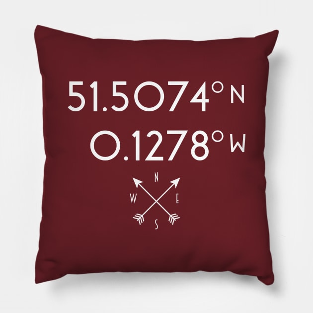 London Map Coordinates (latitude and longitude) white text with compass rose, no city name Pillow by AtlasMirabilis