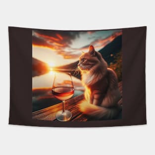 Cute orange cat dream date on sunset Tapestry