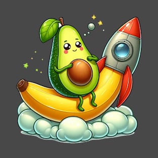 illustration of an avocado rising on a rocket T-Shirt