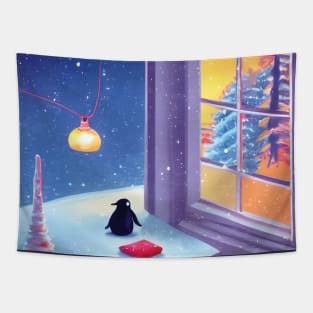 Introvert Christmas Baby Penguin Waiting For Santa Under Moonlight Tapestry