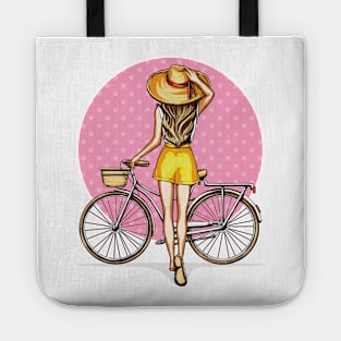 girl near bicycle with basket Tote