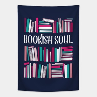 Bookish soul // oxford navy blue bookshelf background teal white fuchsia carissma and pastel pink books Tapestry