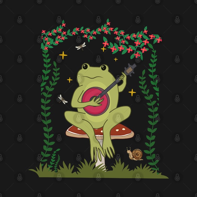 Cottagecore Aesthetic - Cute Frog Banjo Mushroom Goblincore by kalponik