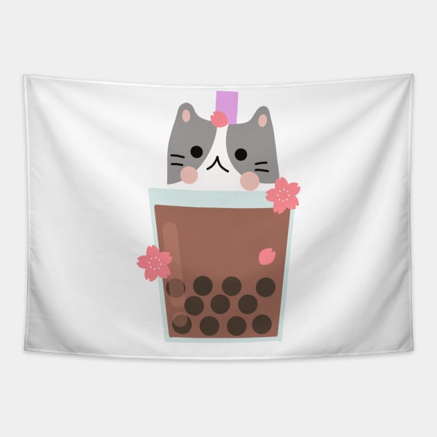 Cat Boba Tea Tapestry by Miri Art