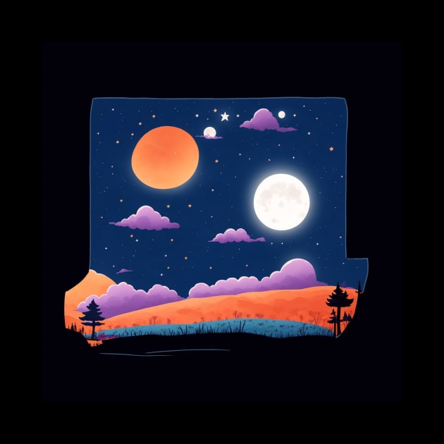 A whimsical cartoon landscape of a starry night sky with a bright full moon illuminating the landscape with in a box by cloudart