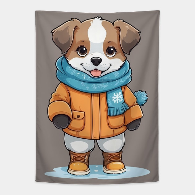 Winter Dog in Orange Coat and Blue Scarf Tapestry by Leon Star Shop