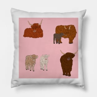 Highland Cows Pattern Pink Pillow