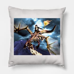 Witch warrior on dragon with flaming magic staff Pillow