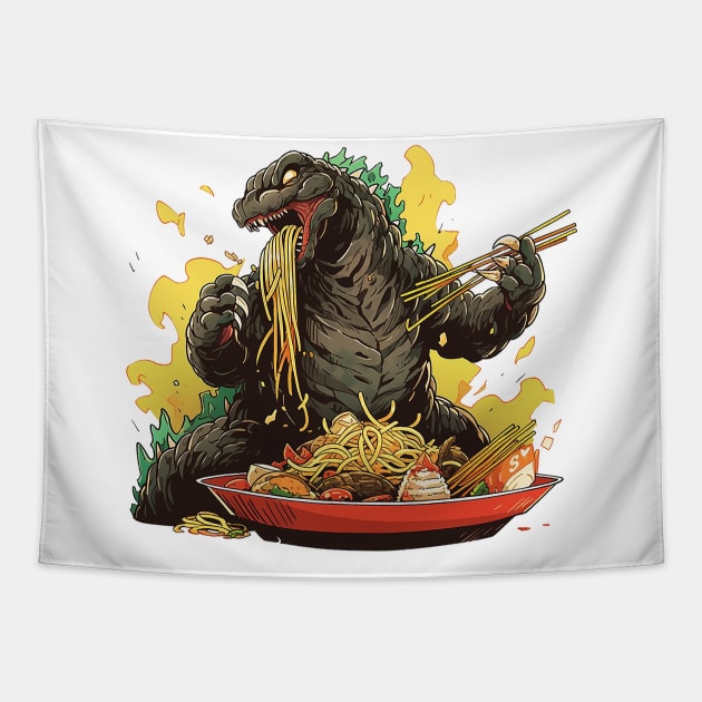 godzilla eat noodles Tapestry by piratesnow