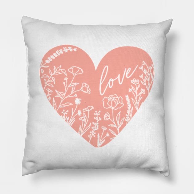 Wild Flowers Love Heart Silhouette, Rose Pink © GraphicLoveShop Pillow by GraphicLoveShop