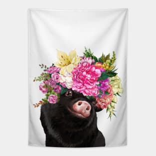 Flower Crown Baby Black Pig Tapestry