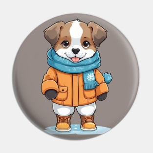 Winter Dog in Orange Coat and Blue Scarf Pin