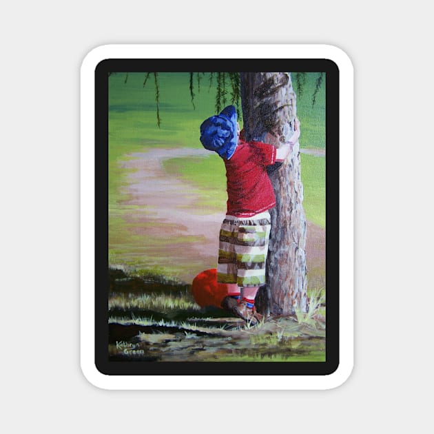 Child hugging a tree Magnet by thryngreen