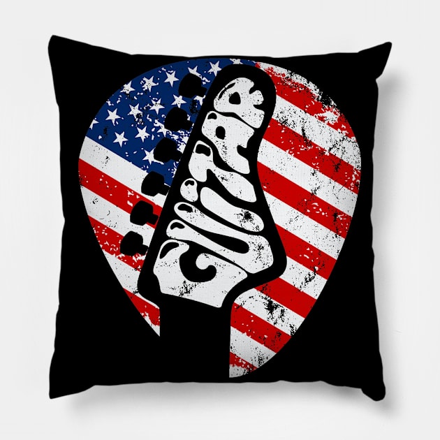 American Flag Guitar Head & Pick, 4th Of July Pillow by meowstudio