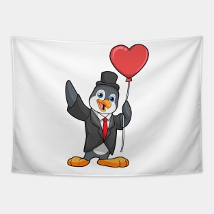 Penguin as Groom with Heart Ballon Tapestry