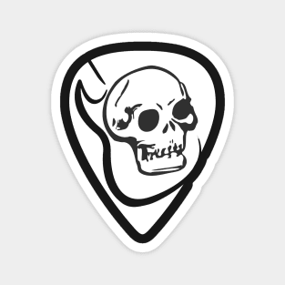 White guitar pick with a dark skull and textured guitar silhouette. Rock/Roll lovers. Magnet