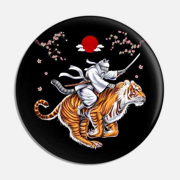 Japanese Cat Samurai Ninja Riding Tiger Pin by underheaven