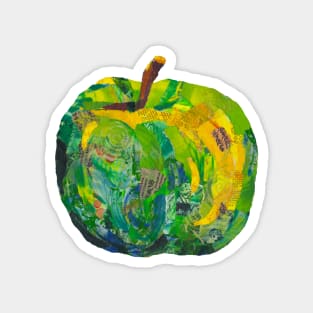 Green apple in mixed media collage - no background Magnet