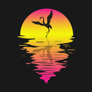 Crane Bird Retro Sunset Color T-Shirt