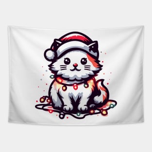 Cute Christmas Cat Santa Hat Christmas Lights Adorable Tapestry