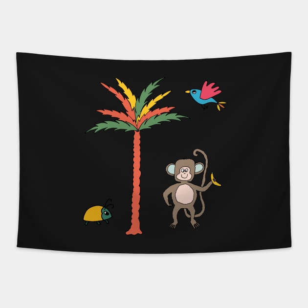 Monkey and banana with tropical bird, beetle and palm tree - kids décor and stickers Tapestry by FrancesPoff