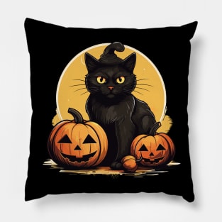 Retro Black Cat Halloween Pumpkin Costume Scary Spooky Night Pillow