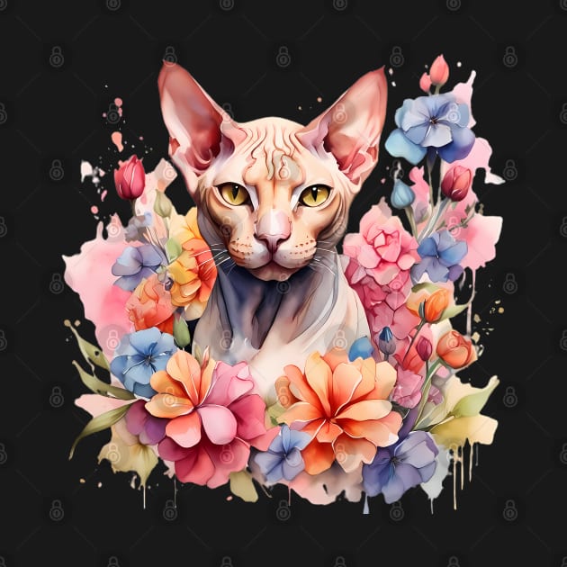 A sphynx cat decorated with beautiful watercolor flowers by CreativeSparkzz