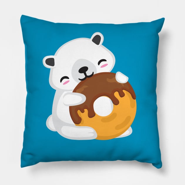 Kawaii Cute White Bear Eating Chocolate Donut Kids design Pillow by Uncle Fred Design