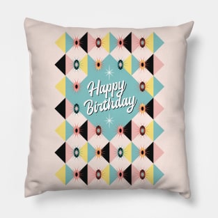 Happy Birthday - Atomic Sunburst Blocks Mint Pillow