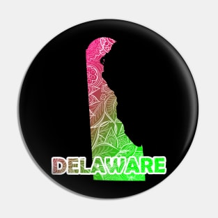 Colorful mandala art map of Delaware with text in pink and green Pin