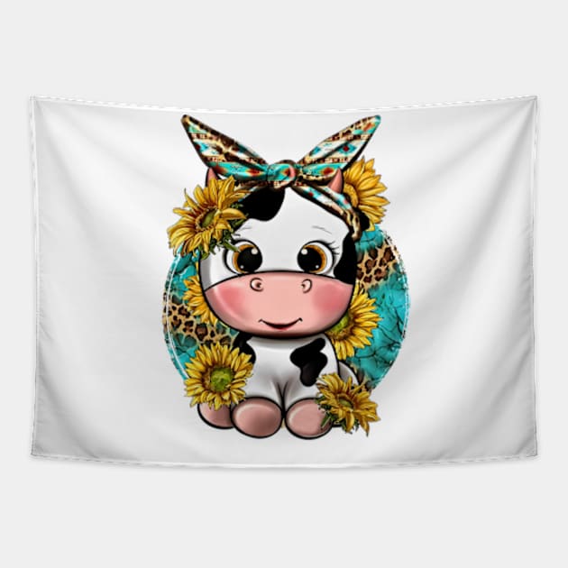 Cute Cow With Sunflower And Leopard, Hand Drawn Cow, Baby Cow Tapestry by MichaelStores