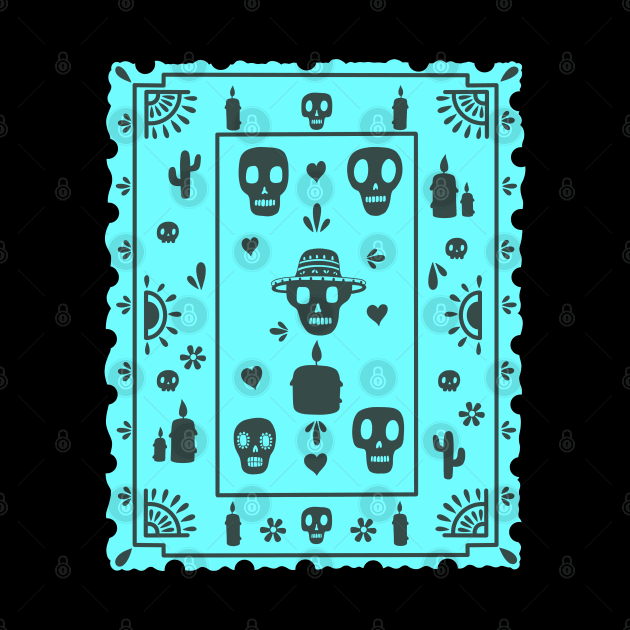 Día De Los Muertos - light teal - Papel Picado - Black Skulls by Scriptnbones