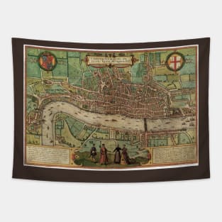 Antique Map of London, England by Georg Braun and Frans Hogenberg,  1582 Tapestry