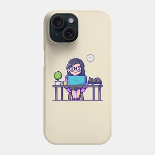 Cute Girl Working On Laptop With Cat Cartoon Phone Case