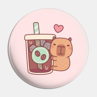 Cute Little Capybara Hugs Iced Coffee Pin