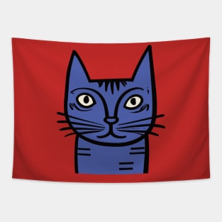 Quirky Blue Cat - Midcentury Illustration Tapestry