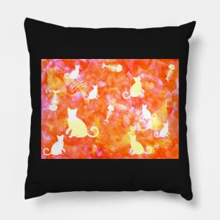 Warm Colored Watercolor Cat and Fish Bone Painting Pillow