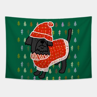 Cute Dog in Winter Christmas Tree Sweater and Red Hat Tapestry