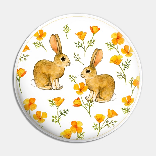 Cute Cottontail Bunnies and California Poppies in Watercolor Pin by micklyn