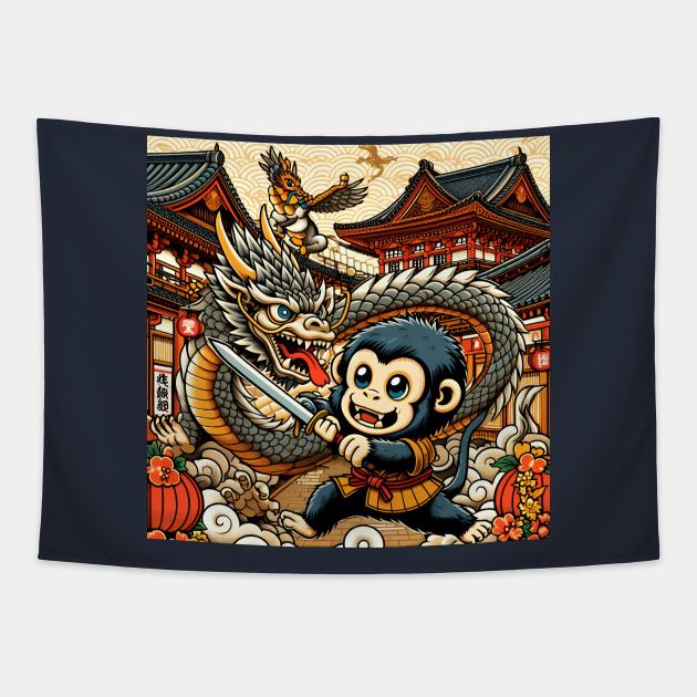 Cute Kawaii Monkey and Dragon Friendship during Edo Pagoda Classic Japanese Tapestry by Pokoyo.mans@gmail.com